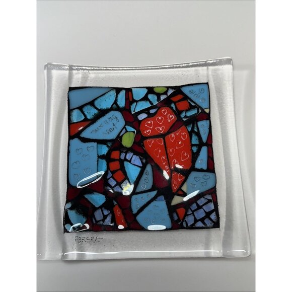 Signed Studio Fused Art Glass Mosaic Stained Glass Style Plate - Picture 2 of 10